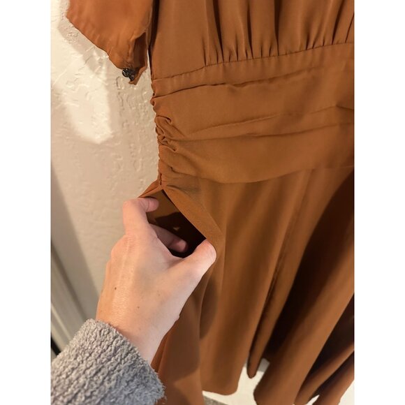 Y eShakti Retro Mocha Brown V Neck Ruched Middle Swing Midi Dress - Picture 11 of 15